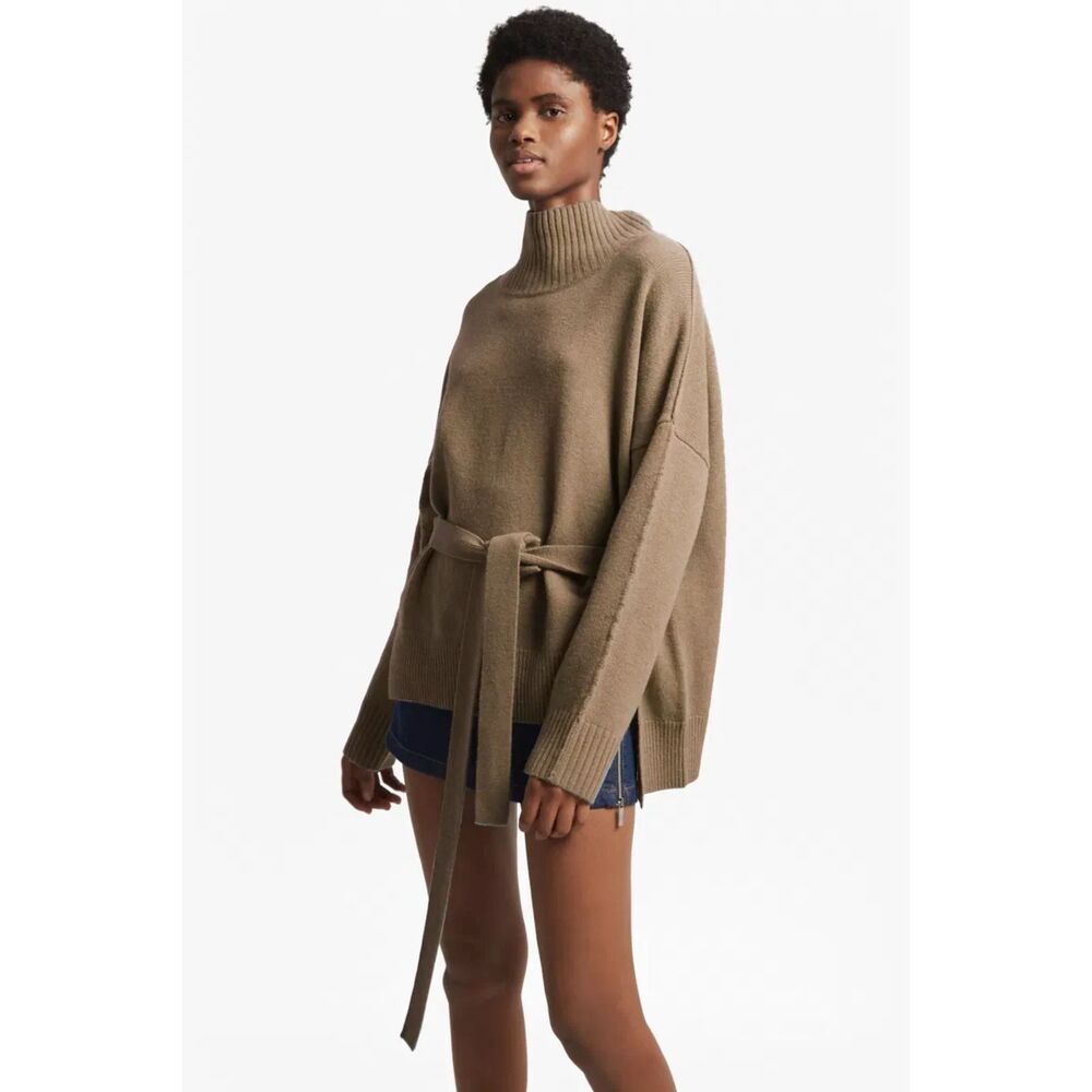 FRENCH CONNECTION Reba High Neck Belted Sweater Brown X-Small